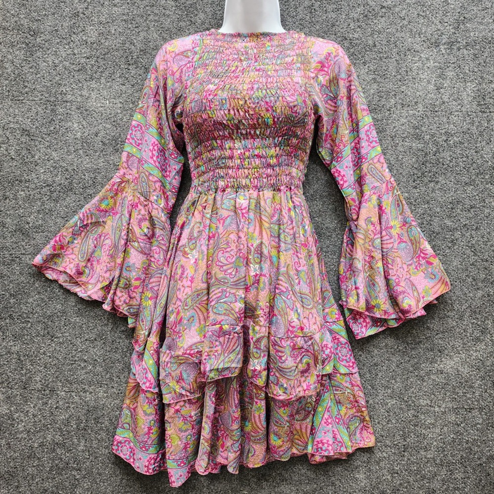 Kathmandu Imports Silk Boho Paisley Bell Sleeve Smocked Tiered Mini Dress S